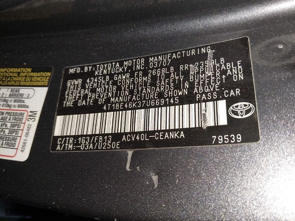 2007 Toyota Camry CE with VIN 4T1BE46K37U669145, listed as a IAAI auction lot 41927728 with 999,999 mi miles. Bid and sale history available at carsss.com. Image 9.