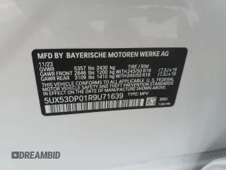 2024 BMW X3 xDrive30i with VIN 5UX53DP01R9U71639, listed as a Copart auction lot 52012865 with 3,316 mi miles and Salvage Title. Bid and sale history available at DreamBid. Image 14.