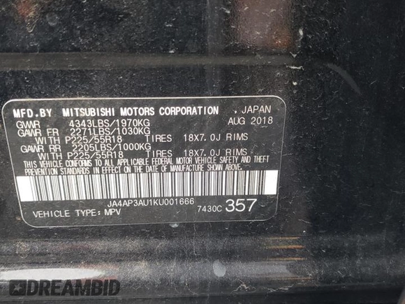 2019 Mitsubishi Outlander ES z VIN JA4AP3AU1KU001666, wystawiony jako Copart lot #43932725 z przebiegiem 83 406 mil mil oraz Szkoda całkowita • Salvage title. Historia ofert i sprzedaży dostępna na DreamBid. Obrazek 13.
