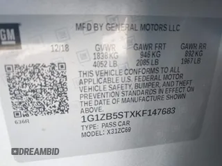 2019 Chevrolet Malibu LS with VIN 1G1ZB5STXKF147683, listed as a IAAI auction lot 42123608 with 104,692 mi miles and . Bid and sale history available at DreamBid. Image 9.