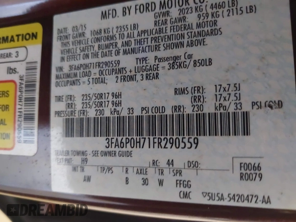 2015 Ford Fusion SE z VIN 3FA6P0H71FR290559, wystawiony jako IAAI lot #41574462 z przebiegiem 123 146 mil mil oraz . Historia ofert i sprzedaży dostępna na DreamBid. Obrazek 9.