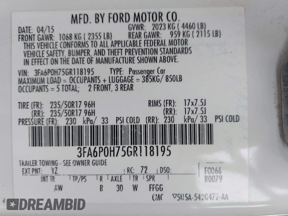 2016 Ford Fusion SE with VIN 3FA6P0H75GR118195, listed as a IAAI auction lot 41956743 with 175,544 mi miles. Bid and sale history available at carsss.com. Image 9.