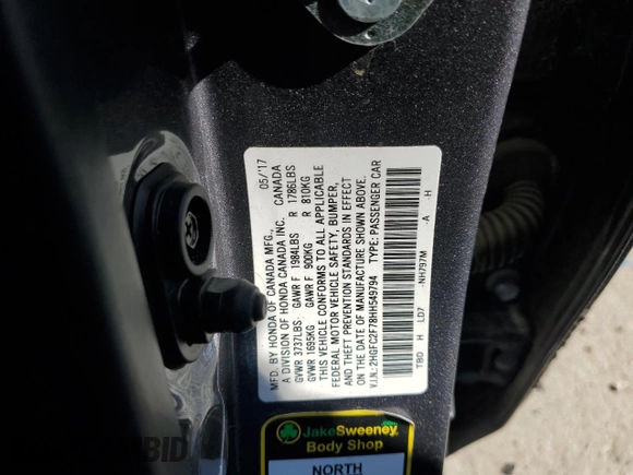 2017 Honda Civic EX z VIN 2HGFC2F78HH549794, wystawiony jako Copart lot #54592675 z przebiegiem 45 079 mil mil oraz Szkoda całkowita • Salvage title. Historia ofert i sprzedaży dostępna na DreamBid. Obrazek 12.