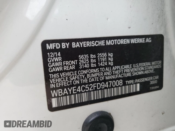 2015 BMW 7 Series 740Li with VIN WBAYE4C52FD947008, listed as a Copart auction lot 45206035 with 123,551 mi miles and Salvage Title. Bid and sale history available at DreamBid. Image 12.