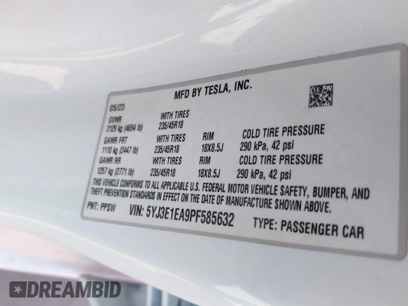 2023 Tesla Model 3 with VIN 5YJ3E1EA9PF585632, listed as a IAAI auction lot 40520993 with 7,775 mi miles and . Bid and sale history available at DreamBid. Image 9.