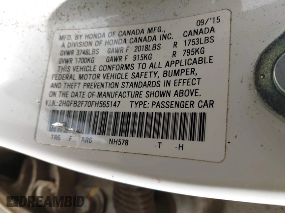 2015 Honda Civic Sedan SE with VIN 2HGFB2F70FH565147, listed as a IAAI auction lot 41922144 with 76,711 mi miles. Bid and sale history available at carsss.com. Image 9.