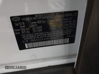 2019 Hyundai Santa Fe Ultimate with VIN 5NMS53AA9KH013271, listed as a IAAI auction lot 41751538 with 89,559 mi miles. Bid and sale history available at carsss.com. Image 9.