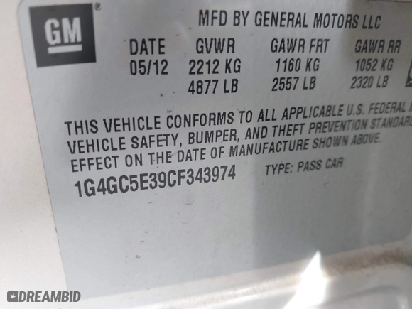 2012 Buick LaCrosse Leather with VIN 1G4GC5E39CF343974, listed as a IAAI auction lot 41211101 with 1 mi miles. Bid and sale history available at carsss.com. Image 9.
