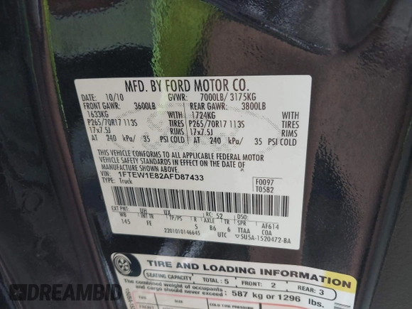 2010 Ford F-150 XL with VIN 1FTEW1E82AFD87433, listed as a IAAI auction lot 42595343 with 159,229 mi miles and . Bid and sale history available at DreamBid. Image 9.