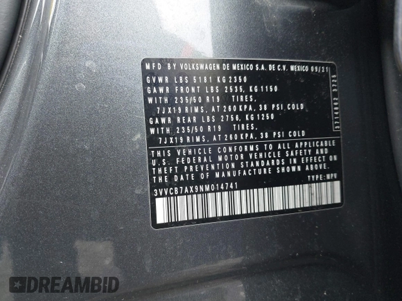 2022 Volkswagen Tiguan SE R-Line Black z VIN 3VVCB7AX9NM014741, wystawiony jako IAAI lot #42043123 z przebiegiem 71 777 mil mil oraz . Historia ofert i sprzedaży dostępna na DreamBid. Obrazek 9.