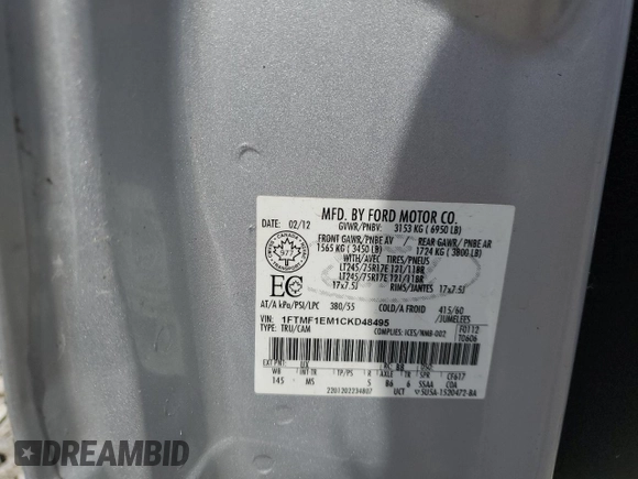 2012 Ford F-150 XL with VIN 1FTMF1EM1CKD48495, listed as a Copart auction lot 55965355 with 139,531 mi miles and Clean title. Bid and sale history available at DreamBid. Image 12.