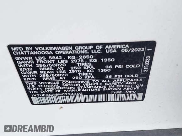 2022 Volkswagen Atlas SE with VIN 1V2HE2CA8NC224402, listed as a IAAI auction lot 41964747 with 50,233 mi miles and . Bid and sale history available at DreamBid. Image 9.