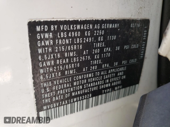 2016 Volkswagen Tiguan R-Line with VIN WVGBV7AX1GW593028, listed as a Copart auction lot 57425084 with Not Provided miles and Salvage Title. Bid and sale history available at DreamBid. Image 13.