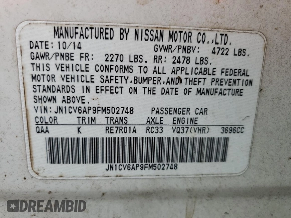 2015 Infiniti Q40 with VIN JN1CV6AP9FM502748, listed as a Copart auction lot 74823204 with 181,577 mi miles and Salvage Title. Bid and sale history available at carsss.com. Image 12.