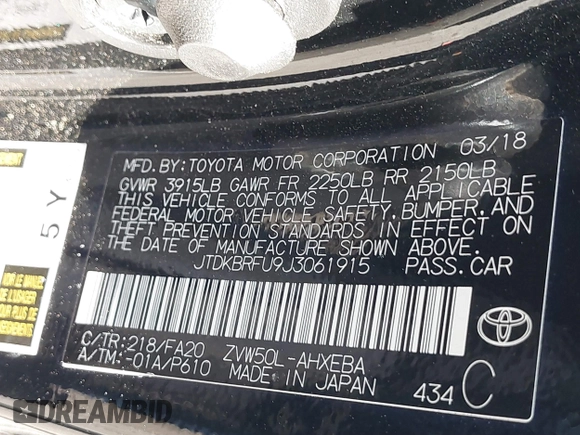 2018 Toyota Prius Two with VIN JTDKBRFU9J3061915, listed as a IAAI auction lot 41840107 with 62,782 mi miles and . Bid and sale history available at carsss.com. Image 9.