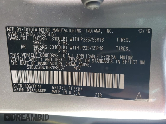 2017 Toyota Sienna LE with VIN 5TDJZ3DC1HS158937, listed as a Copart auction lot 70856204 with 110,572 mi miles and Salvage title. Bid and sale history available at DreamBid. Image 14.