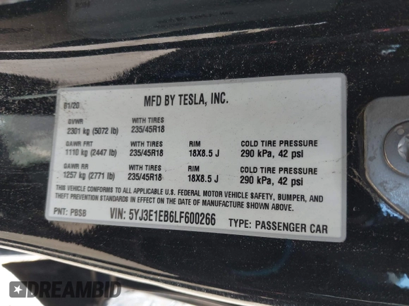 2020 Tesla Model 3 Long Range with VIN 5YJ3E1EB6LF600266, listed as a IAAI auction lot 41819374 with 28,406 mi miles. Bid and sale history available at carsss.com. Image 9.