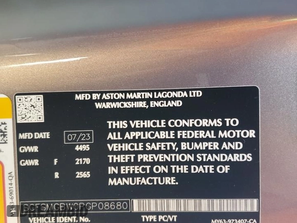 2023 Aston Martin Vantage z VIN SCFSMGBW0PGP08680, wystawiony jako Copart lot #49828114 z przebiegiem Nie podano mil oraz . Historia ofert i sprzedaży dostępna na DreamBid. Obrazek 13.