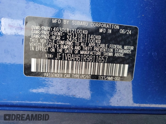 2024 Subaru WRX Premium с VIN JF1VBAH61R9811657, выставлен на аукционе Copart как лот 51669315 с пробегом 2 056 миль миль и Списание • Salvage title. История ставок и продаж доступна на DreamBid. Изображение 14.