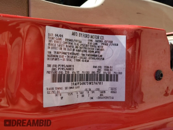 2005 Ford Focus S with VIN 1FAFP34N75W276781, listed as a Copart auction lot 71846484 with 192,448 mi miles and Salvage Title. Bid and sale history available at carsss.com. Image 12.