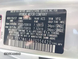 2018 Hyundai Santa Fe Ultimate with VIN 5XYZW4LAXJG554420, listed as a IAAI auction lot 41628371 with 65,436 mi miles and . Bid and sale history available at DreamBid. Image 9.
