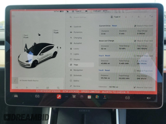 2019 Tesla Model 3 Long Range with VIN 5YJ3E1EB5KF418329, listed as a Copart auction lot 52183935 with 121,784 mi miles and Salvage Title. Bid and sale history available at DreamBid. Image 9.