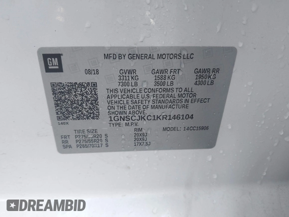 2019 Chevrolet Suburban LT with VIN 1GNSCJKC1KR146104, listed as a IAAI auction lot 41103371 with 108,727 mi miles. Bid and sale history available at carsss.com. Image 9.