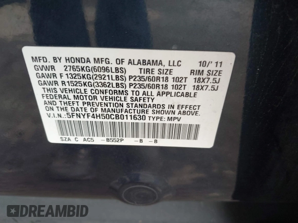 2012 Honda Pilot EX-L with VIN 5FNYF4H50CB011630, listed as a IAAI auction lot 42518876 with 92,494 mi miles and . Bid and sale history available at DreamBid. Image 9.