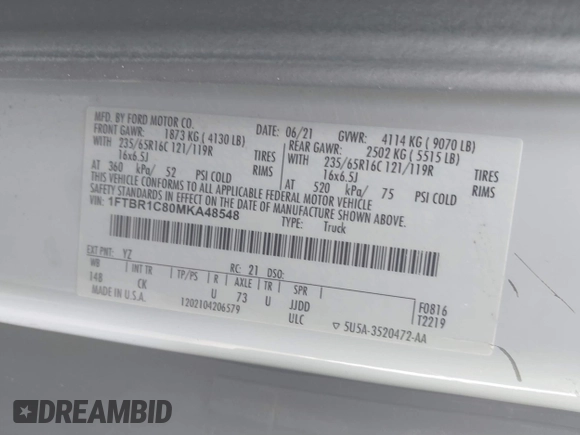 2021 Ford Transit Cargo with VIN 1FTBR1C80MKA48548, listed as a IAAI auction lot 41509103 with 87,523 mi miles and . Bid and sale history available at DreamBid. Image 9.