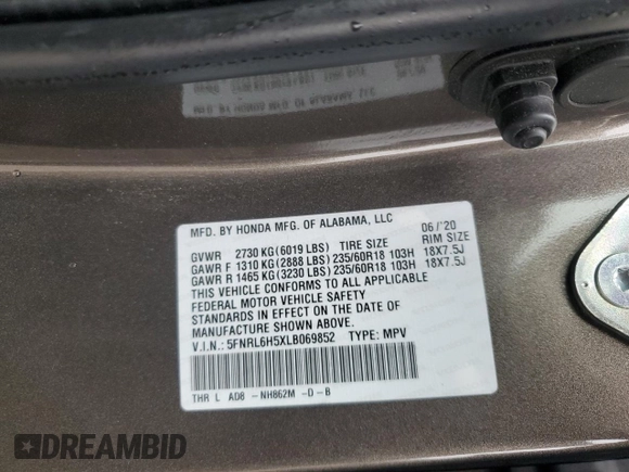 2020 Honda Odyssey EX with VIN 5FNRL6H5XLB069852, listed as a Copart auction lot 61553585 with 34,189 mi miles and Salvage title. Bid and sale history available at DreamBid. Image 13.