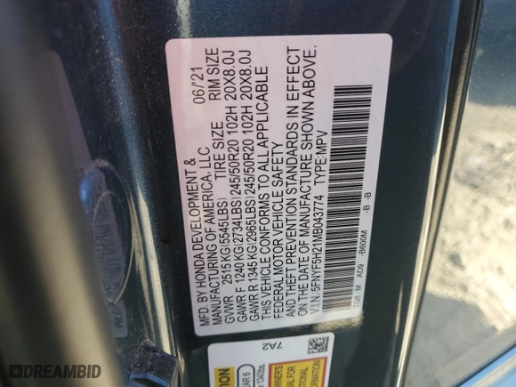 2021 Honda Pilot Special Edition with VIN 5FNYF5H21MB043774, listed as a Copart auction lot 43580525 with 74,018 mi miles and Salvage Title. Bid and sale history available at carsss.com. Image 13.