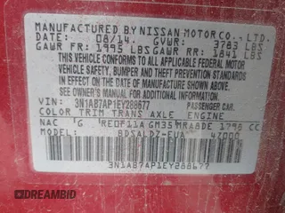 2014 Nissan Sentra SR z VIN 3N1AB7AP1EY288677, wystawiony jako IAAI lot #41973111 z przebiegiem Nie podano mil oraz . Historia ofert i sprzedaży dostępna na DreamBid. Obrazek 9.