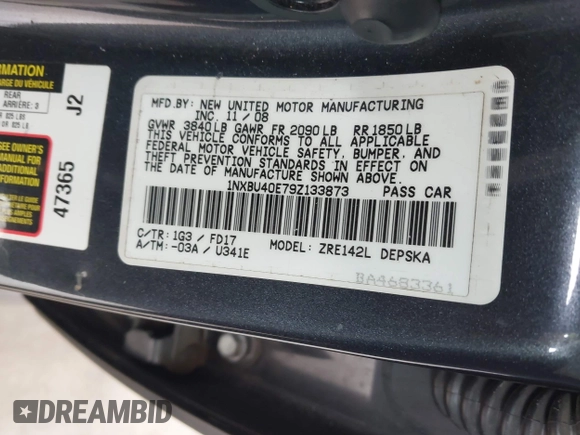 2009 Toyota Corolla with VIN 1NXBU40E79Z133873, listed as a IAAI auction lot 42132035 with 232,578 mi miles. Bid and sale history available at carsss.com. Image 9.