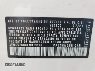 2020 Volkswagen Jetta S z VIN 3VWC57BU8LM079262, wystawiony jako Copart lot #60358755 z przebiegiem 44 514 mil mil oraz Nie do naprawy • Non repairable. Historia ofert i sprzedaży dostępna na DreamBid. Obrazek 13.