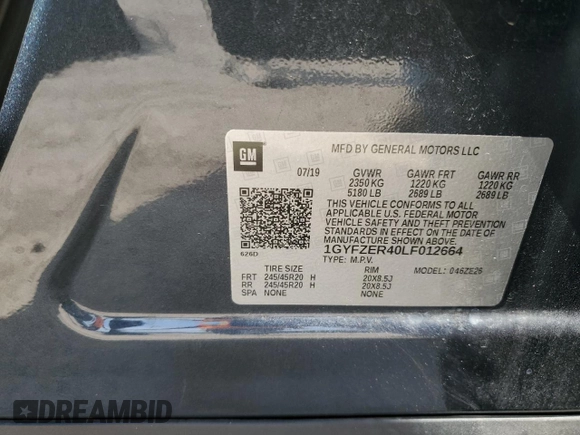 2020 Cadillac XT4 FWD Sport with VIN 1GYFZER40LF012664, listed as a Copart auction lot 54797915 with 59,393 mi miles and Salvage title. Bid and sale history available at DreamBid. Image 13.
