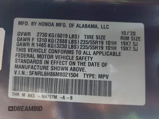 2021 Honda Odyssey Touring with VIN 5FNRL6H86MB021504, listed as a IAAI auction lot 41550040 with 55,068 mi miles. Bid and sale history available at carsss.com. Image 9.