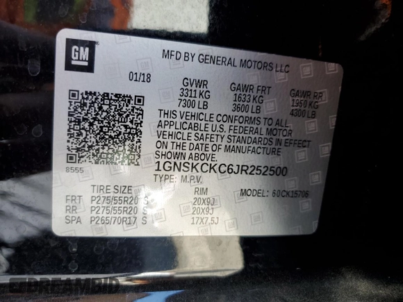2018 Chevrolet Tahoe Premier with VIN 1GNSKCKC6JR252500, listed as a Copart auction lot 60572445 with Not provided miles and Clean title. Bid and sale history available at DreamBid. Image 14.