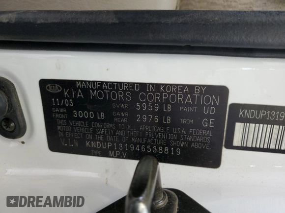 2004 Kia Sedona LX with VIN KNDUP131946538819, listed as a Copart auction lot 50098514 with 0 mi miles and Salvage Title. Bid and sale history available at carsss.com. Image 13.