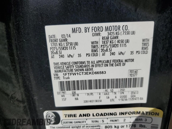 2014 Ford F-150 XL with VIN 1FTFW1CT3EKD66583, listed as a Copart auction lot 50505885 with 170,688 mi miles and Salvage Title. Bid and sale history available at carsss.com. Image 12.