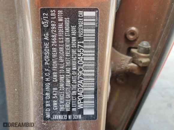 2012 Porsche Panamera S Hybrid with VIN WP0AD2A79CL045571, listed as a Copart auction lot 44125025 with 79,985 mi miles and Salvage Title. Bid and sale history available at carsss.com. Image 12.