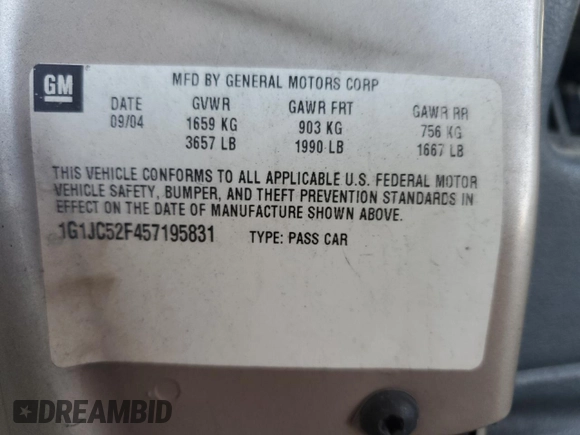2005 Chevrolet Cavalier with VIN 1G1JC52F457195831, listed as a Copart auction lot 59333605 with Not provided miles and Salvage title. Bid and sale history available at DreamBid. Image 12.