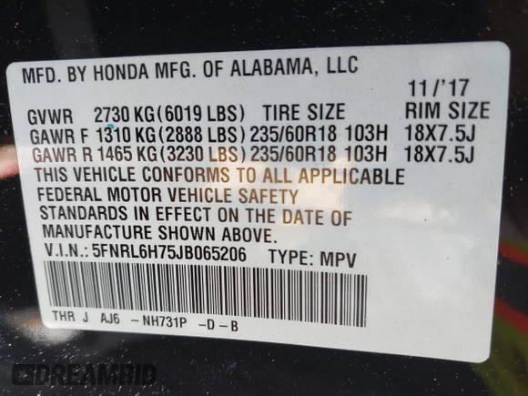 2018 Honda Odyssey EX-L with VIN 5FNRL6H75JB065206, listed as a IAAI auction lot 42009227 with 133,652 mi miles. Bid and sale history available at carsss.com. Image 9.