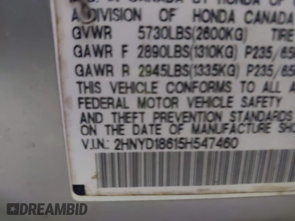 2005 Acura MDX Touring z VIN 2HNYD18615H547460, wystawiony jako IAAI lot #42453808 z przebiegiem 122 419 mil mil oraz . Historia ofert i sprzedaży dostępna na DreamBid. Obrazek 9.