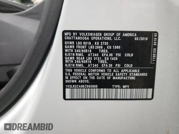 2019 Volkswagen Atlas SE with VIN 1V2LR2CA6KC550855, listed as a Copart auction lot 50938805 with 87,212 mi miles and Salvage title. Bid and sale history available at DreamBid. Image 16.