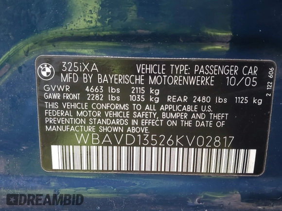 2006 BMW 3 Series 325xi with VIN WBAVD13526KV02817, listed as a IAAI auction lot 41772852 with 160,884 mi miles. Bid and sale history available at carsss.com. Image 9.