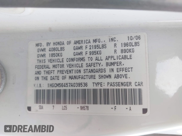 2007 Honda Accord LX with VIN 1HGCM56457A039536, listed as a IAAI auction lot 42640467 with 303,475 mi miles and . Bid and sale history available at DreamBid. Image 9.