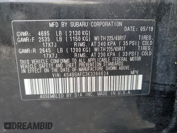 2019 Subaru Outback Premium with VIN 4S4BSAFC3K3366624, listed as a Copart auction lot 62898105 with 178,665 mi miles and Clean title. Bid and sale history available at DreamBid. Image 13.