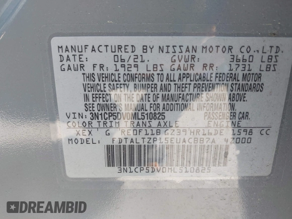 2021 Nissan Kicks SR with VIN 3N1CP5DV0ML510825, listed as a IAAI auction lot 42061813 with 40,120 mi miles and . Bid and sale history available at DreamBid. Image 9.