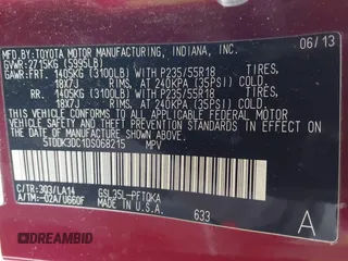 2013 Toyota Sienna XLE with VIN 5TDDK3DC1DS068215, listed as a IAAI auction lot 41610737 with 168,186 mi miles and . Bid and sale history available at DreamBid. Image 9.