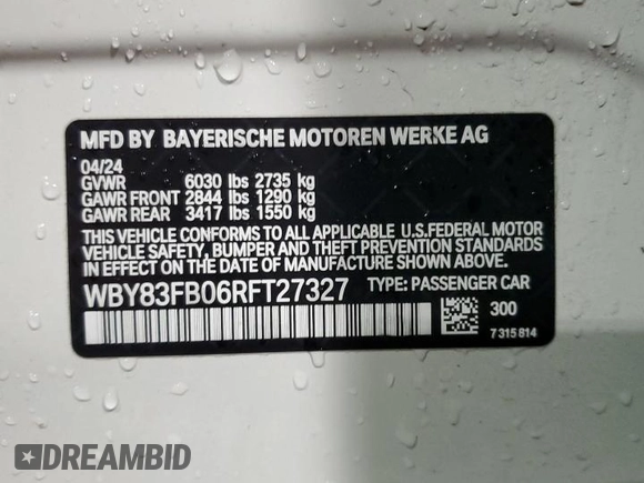 2024 BMW i4 xDrive40 z VIN WBY83FB06RFT27327, wystawiony jako Copart lot #84040704 z przebiegiem 5 137 mil mil oraz Szkoda całkowita • Salvage title. Historia ofert i sprzedaży dostępna na DreamBid. Obrazek 13.